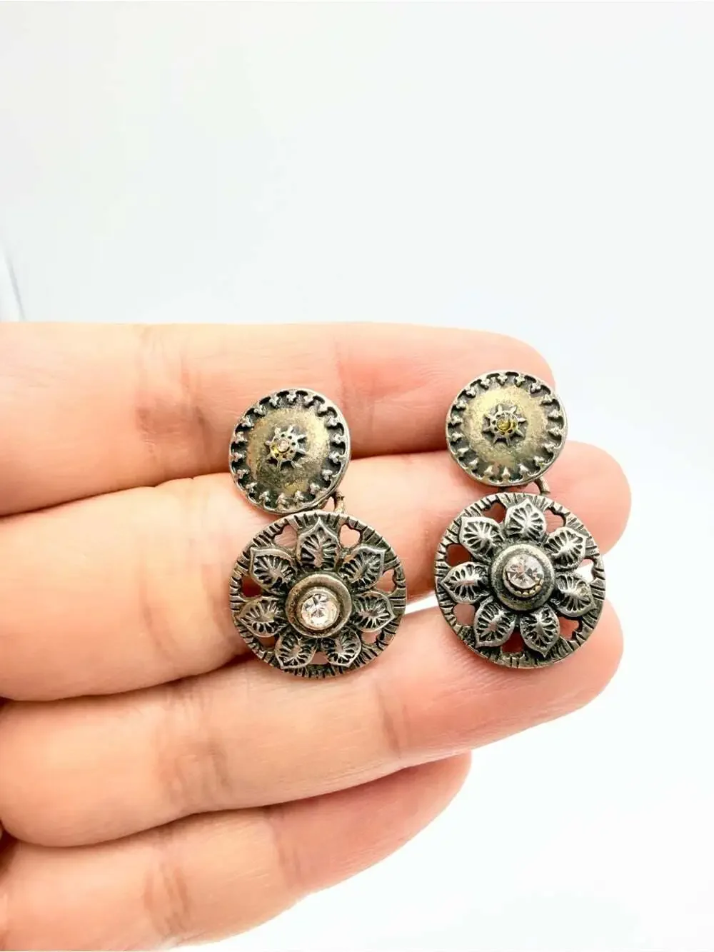 Vintage  Silver Tone Floral Rhinestone Drop Earrings